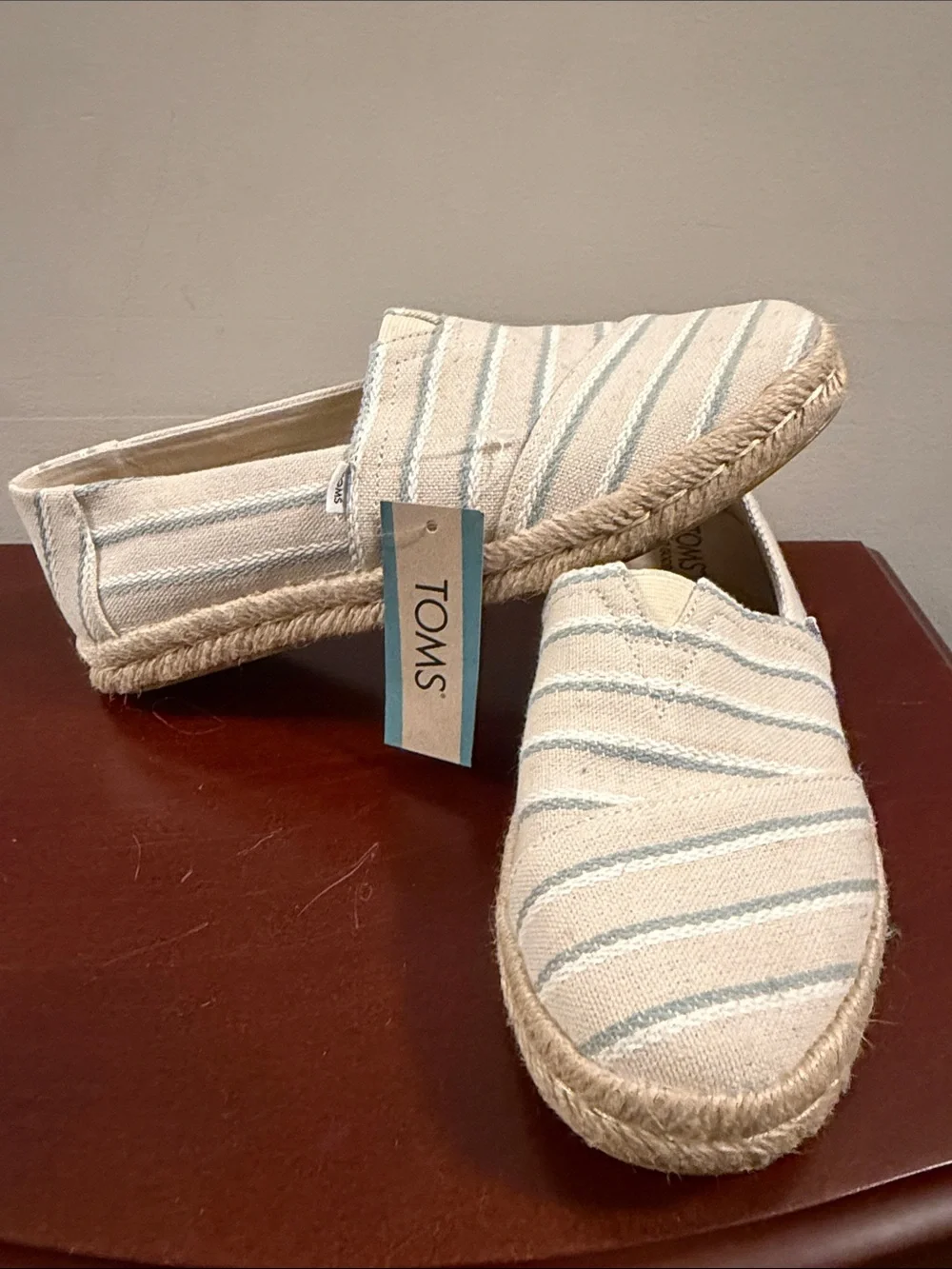 Toms Natural Canvas Espadrilles with Light Blue Stripes
